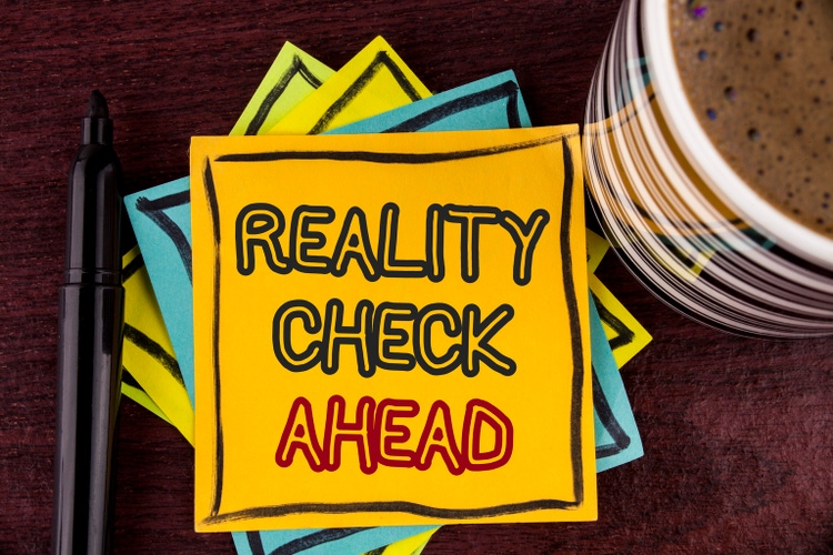 Writing note showing Reality Check Ahead. Business photo showcasing Reveal the truth and know the actuality Avoid being skeptical written sticky note paper on wooden background, coffee cup and stamp