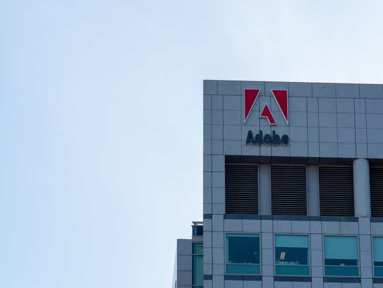 Adobe Systems, Photoshop maker, logo on headquarters skyscraper towers in Silicon Valley