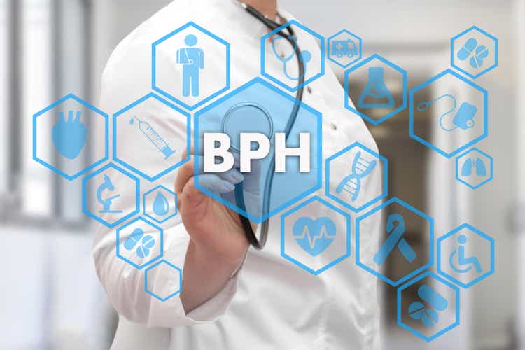 Medical Doctor and BPH, Benign Prostatic Hyperplasia words in Medical network connection on the virtual screen on hospital background.