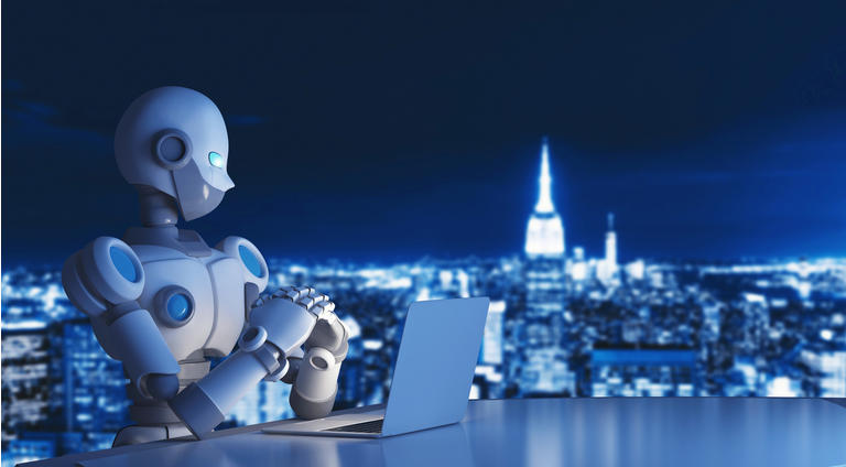 Robot using a laptop computer in city, artificial intelligence in futuristic technology concept, 3d illustration