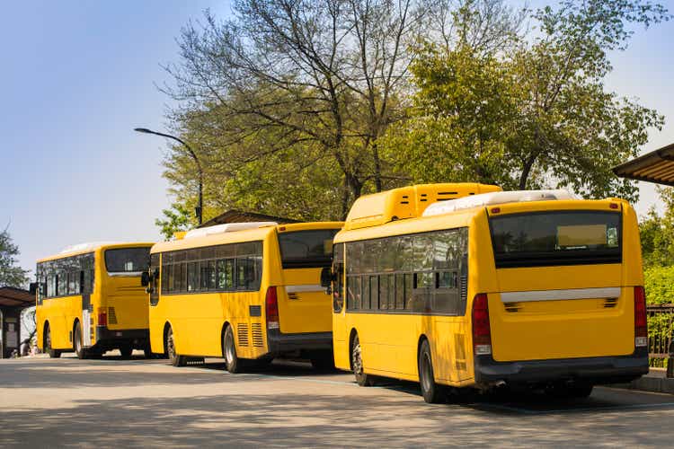 Three yellow buses waiting