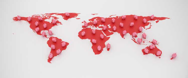 Many Piggy Bank on World Map - 3D Rendering