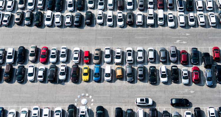 Aerial view of cars in a parking lot