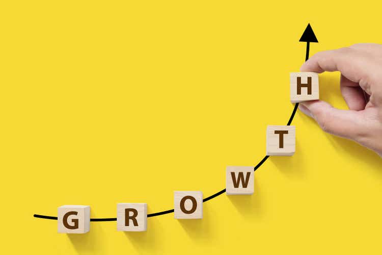 Wachsenden Unternehmenswachstum Erfolg erhöhen-up Konzept. Bewaldeten Cube Block auf weißem Hintergrund mit Wort Wachstum und textfreiraum für Ihren text