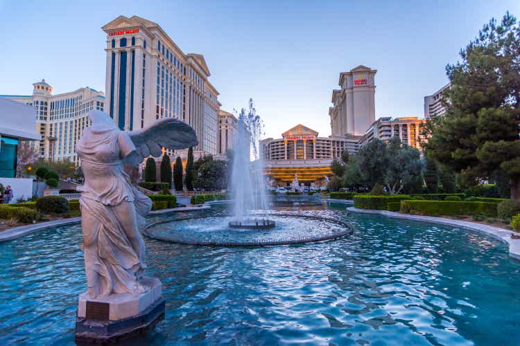 The exterior front fountain of the famous Ceasars palace hotel in Las Vegas at dusk