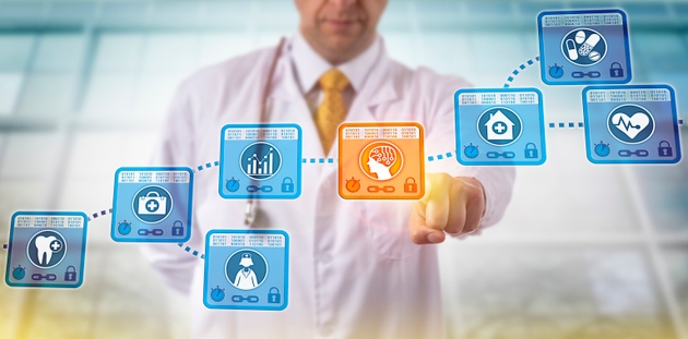 Clinician Selecting AI App Block In Blockchain