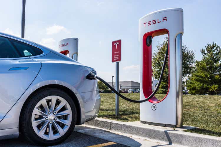 Tesla Supercharger Station. The Supercharger offers fast recharging of the Model S and Model X electric vehicles XI