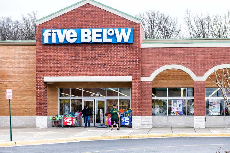 Five Below store in Fairfax county, Virginia shop exterior entrance with sign, logo, doors discount dollar chain for teens, pre-teens
