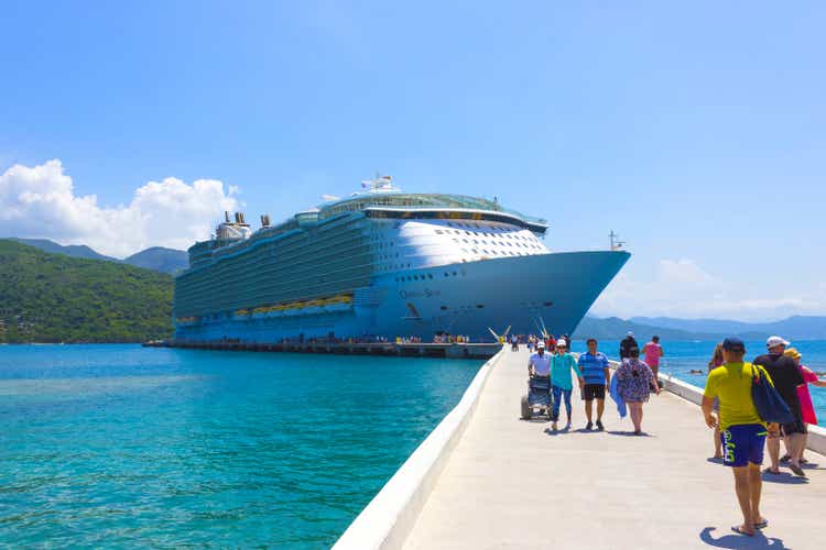 Royal Caribbean cruise ship Oasis of the Seas docked at the private port of Labadee in the Caribbean Island of Haiti