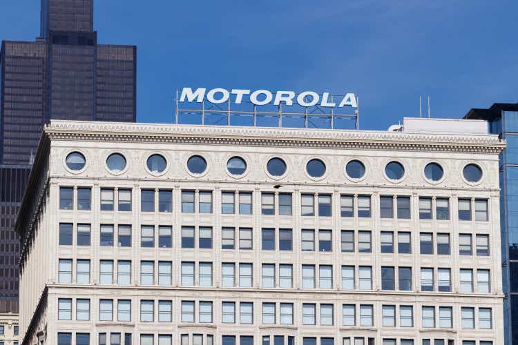 Motorola Solutions logo atop the Railway Exchange Building. Motorola provides communications solutions for law enforcement and utility workers II