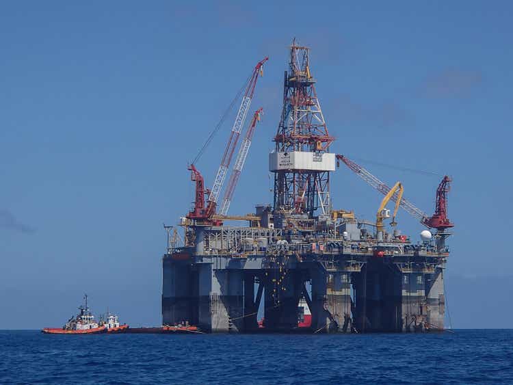 Giant Semi-submersible drilling rig Ocean Monarch refitting at Fremantle