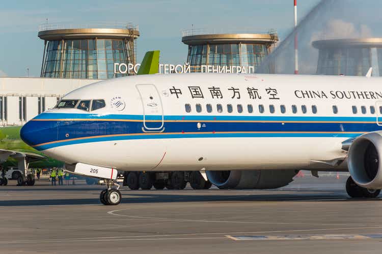 Boeing 737-8 max China southern, Meeting a new type of airplane model, a water arch. airport Pulkovo, Russia Saint-Petersburg. 02 June 2018.