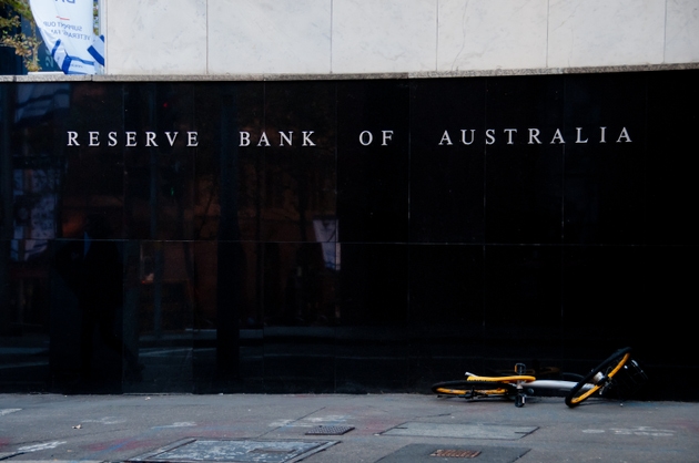 Reserve Bank of Australia building name on black stone wall in the center of Sydney NSW Australia.