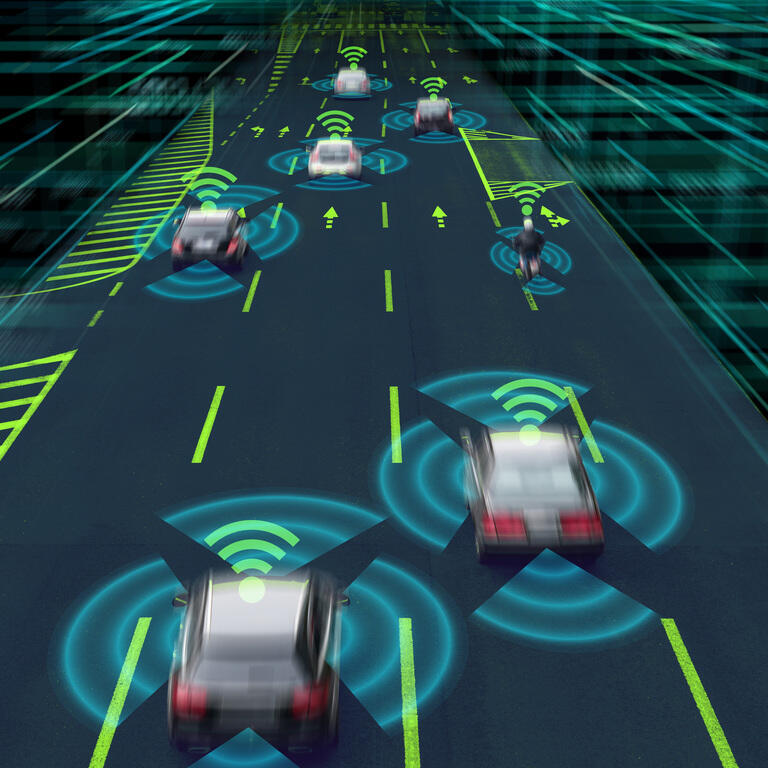 Sensing system and wireless communication network of vehicle. Autonomous car. Driverless car. Self driving vehicle.