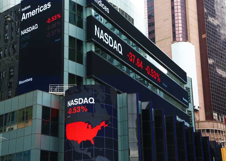 Nasdaq quotation on illuminated boards in Times Square