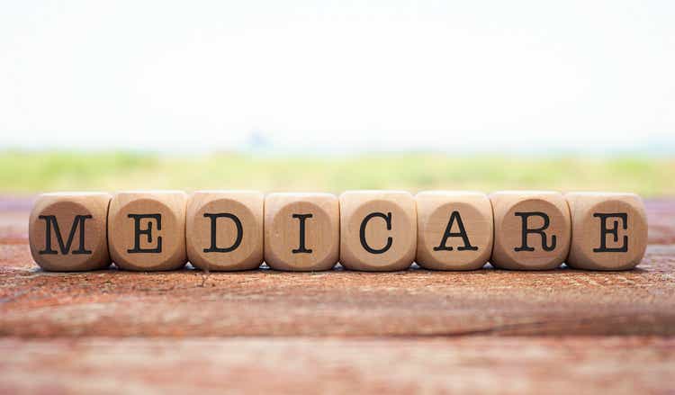 Medicare word written on cube shape wooden blocks on wooden table.