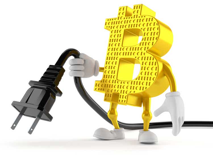 Bitcoin character holding electric cable