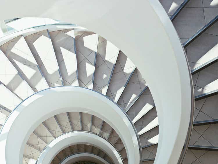 Directly above modern, spiral staircase