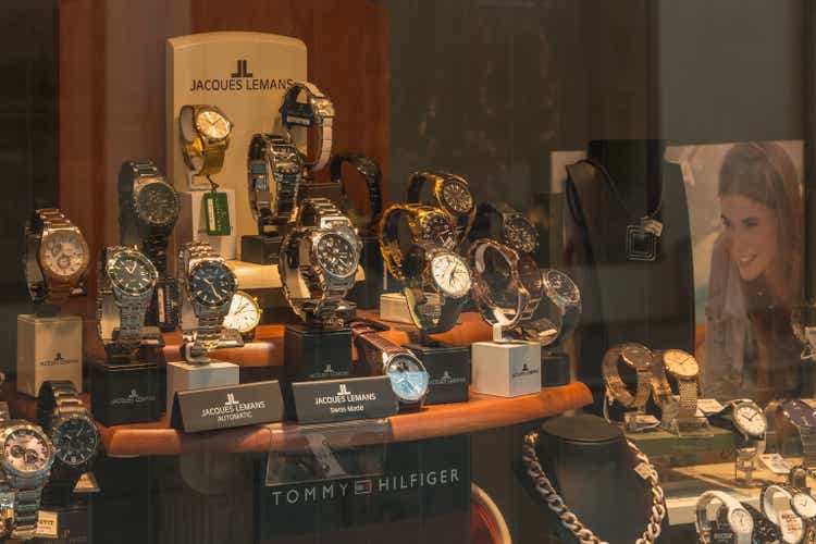 Detail of the showcase of a watchmaking jewelery in Badenweiler