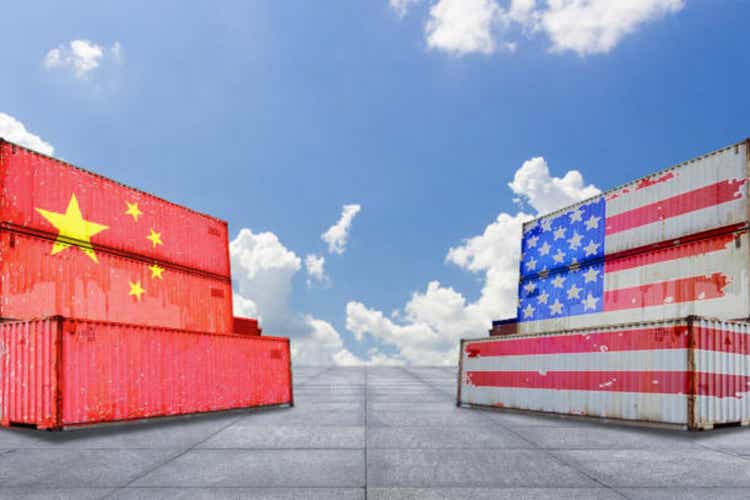 Trade warfare, export and import, tariffs, cargo containers, China and the United States