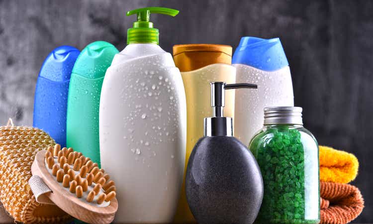 Plastic bottles of body care and beauty products