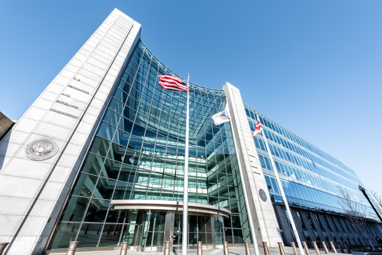 US United States Securities and Exchange Commission SEC entrance architecture modern building sign, entrance, american flag, looking up sky, glass windows reflection