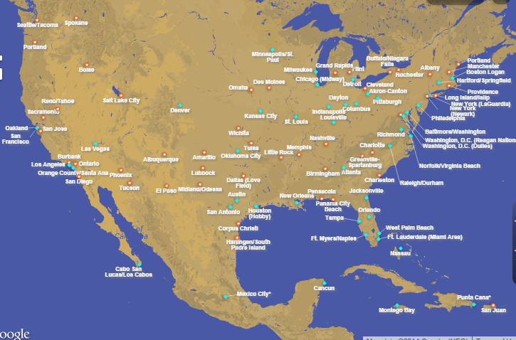 southwest airlines map of airports