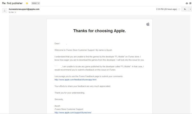 iTunes reply on inquiry on FL Mobile