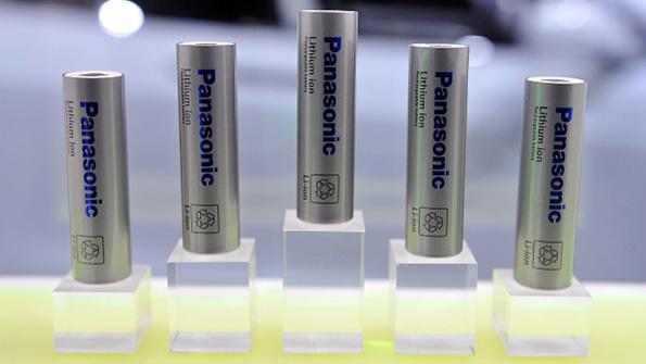 Panasonic displays a handful of its lithium-ion batteries at the 2015 CES.