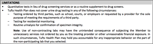 -Tufts Health Plan guidelines: notices how routine confirmatory tests and tests for inpatient facilities are explicitly excluded. 
