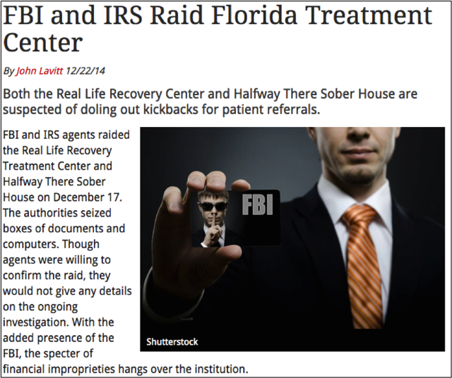 Article on recent FBI raids on sober homes in Florida accused of fraudulent drug testing.