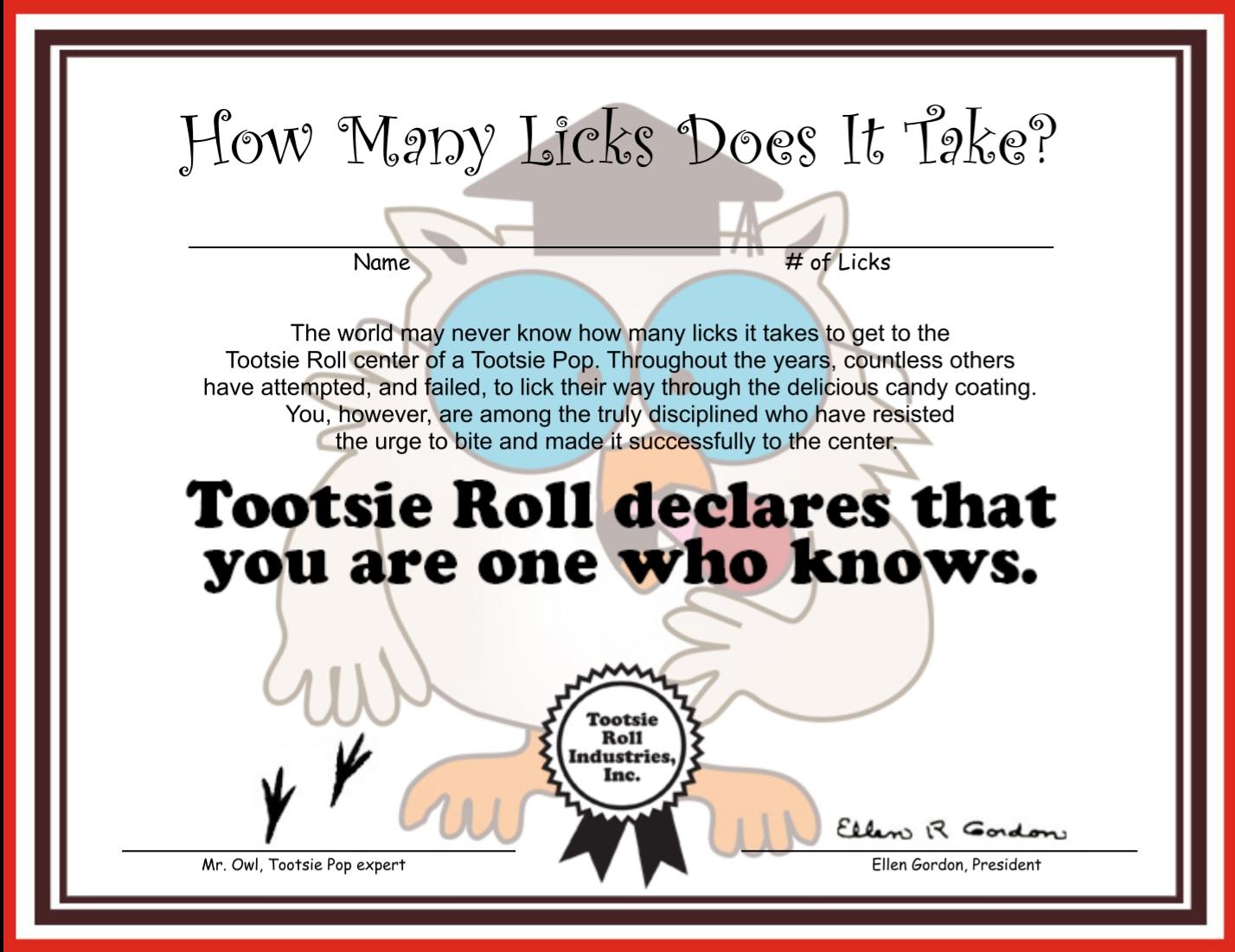 Tootsie Roll Size Chart