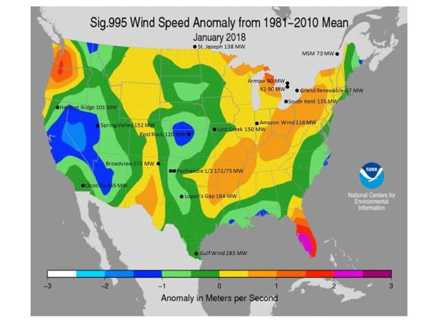 Map of average wind speed anomaly for January 2018