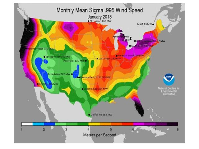 Map of average wind speeds for January 2018