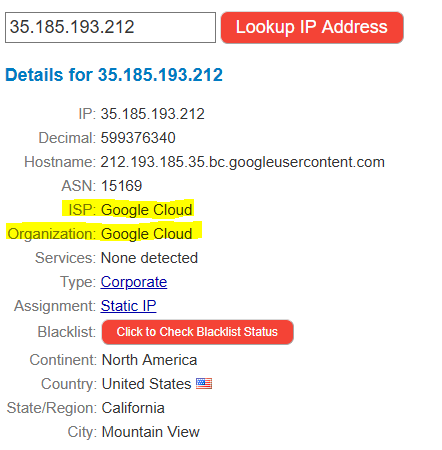 According to an IP lookup, this IP address is part of Google