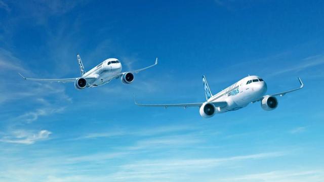 A rendering of an A320neo and an A220 (then known as the CS100) flying side by side