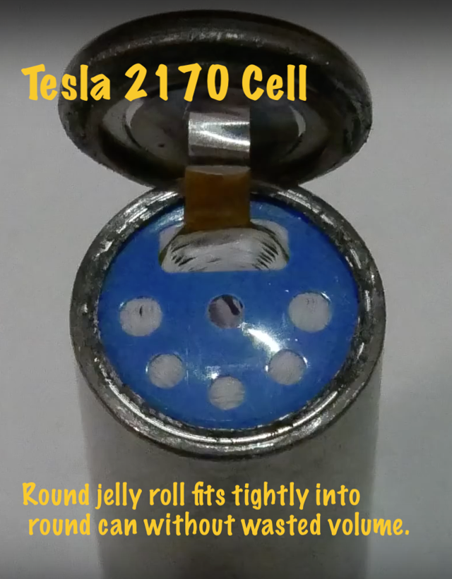 Tesla 2170 cell with cap removed to show jelly roll