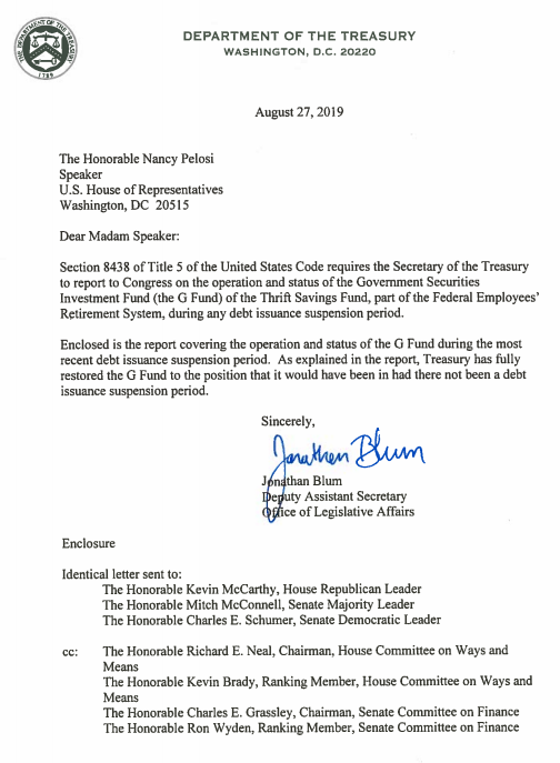 Secretary of the treasury letter to Congress regarding Trust Funds whole again