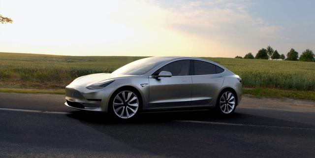 A silver Tesla Model 3