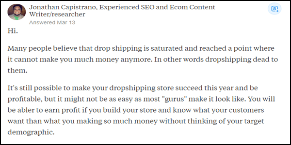 Is Dropshipping Dead - Community Response on Quora