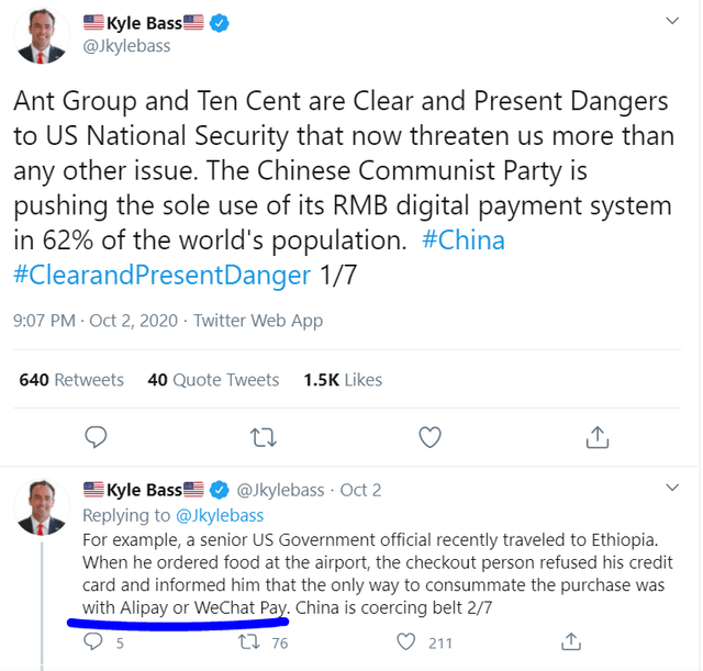 Hedge fund manager Kyle Bass sending a Twitter note on China pushing its digital payment system to 62% of the world