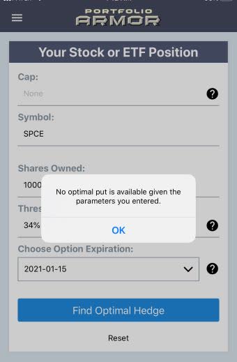 Error message on SPCE via Portfolio Armor.