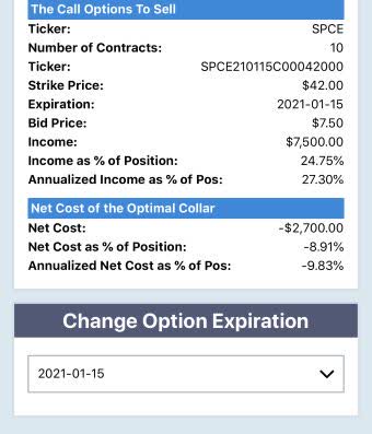 Optimal collar on SPCE via Portfolio Armor.