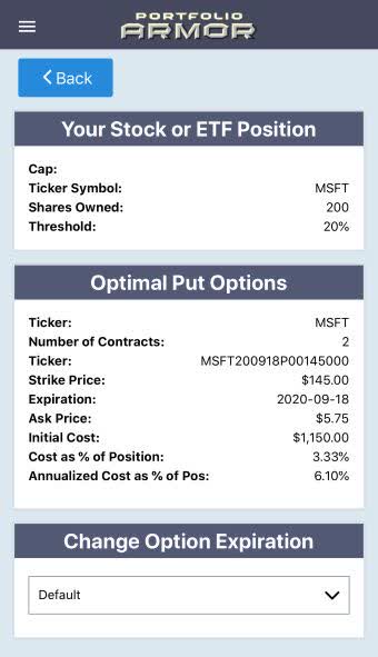 Optimal hedge on Microsoft via Portfolio Armor.