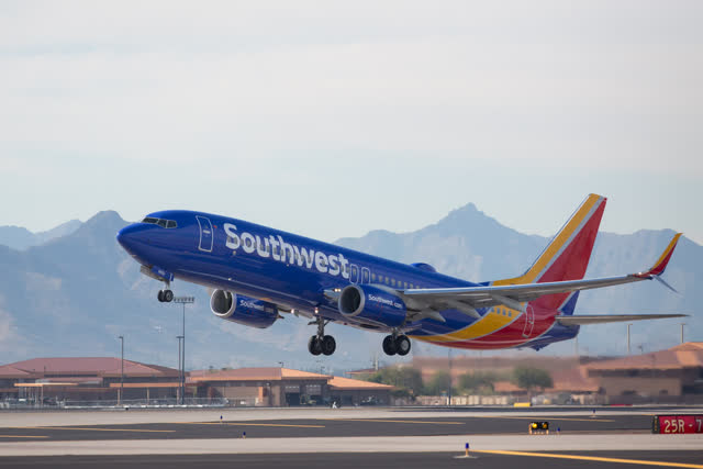 A Southwest Airlines plane preparing to land