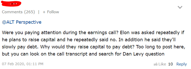 讀者rating諷尋求Alpha的作家ALT Perspective,他呼籲特斯拉將發行新股,儘管埃隆·馬斯克(Elon Musk)