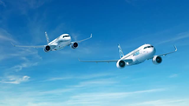 A rendering of an Airbus A220 and an Airbus A320neo flying side by side