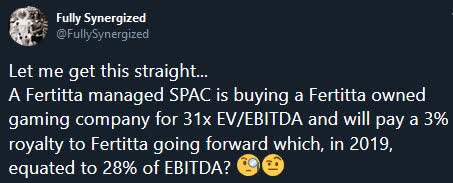 Image may contain: text that says 'Fully Synergized @FullySynergized Let me get this straight... A Fertitta managed SPAC is buying a Fertitta owned gaming company for 31x EV/EBITDA and will pay a 3% royalty to Fertitta going forward which, in 2019, equated to 28% of EBITDA?'