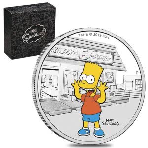 2019 1 oz Tuvalu Proof Bart Simpson Silver Coin (Colorized) .9999 fine Perth Mint Bullion Exchanges