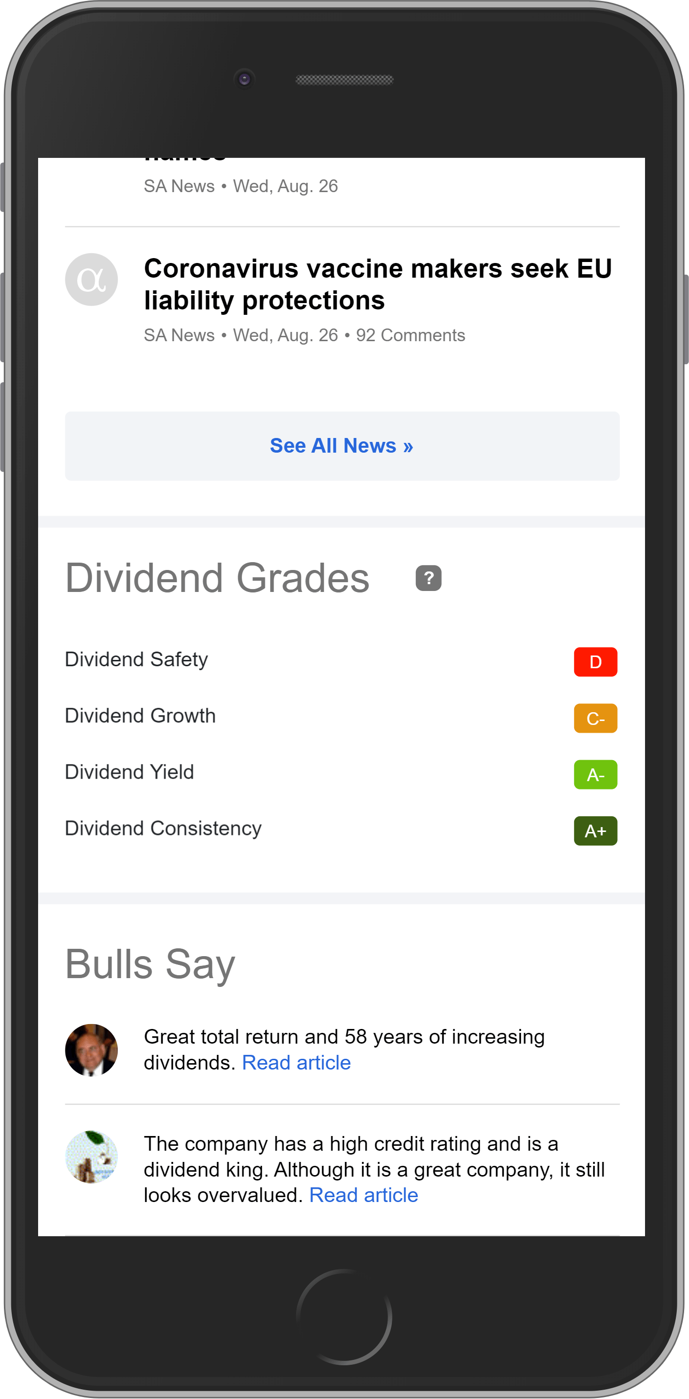 Seeking Alpha Dividend Grades on mobile